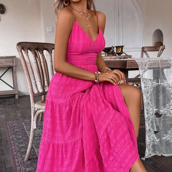 Pink Boho Ladies' Textured Long Slip Dress With Spaghetti Straps - Picture 2 of 6